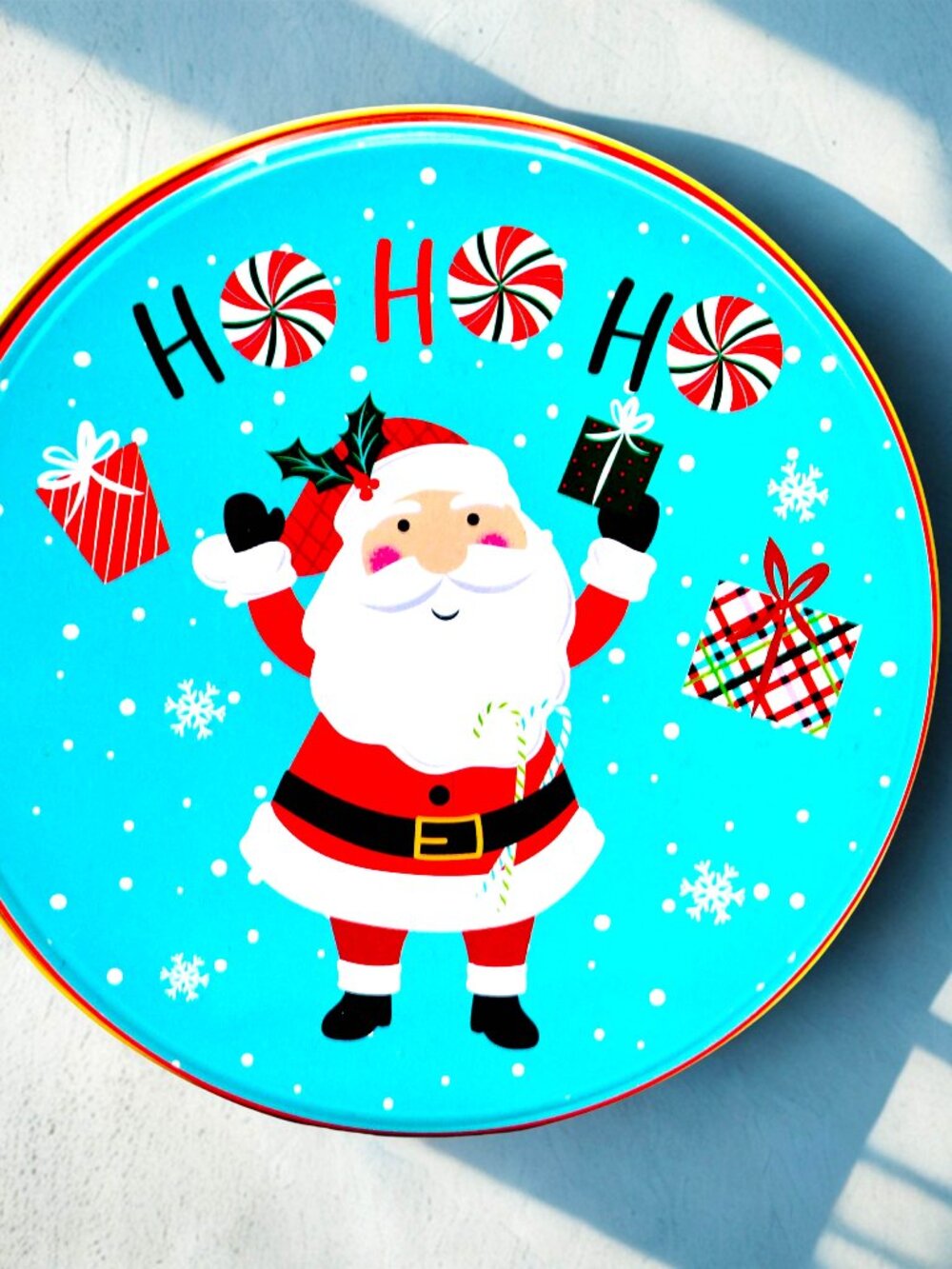 Vintage Christmas Santa Cookie Tin Round Metal Candy Storage Holiday Container